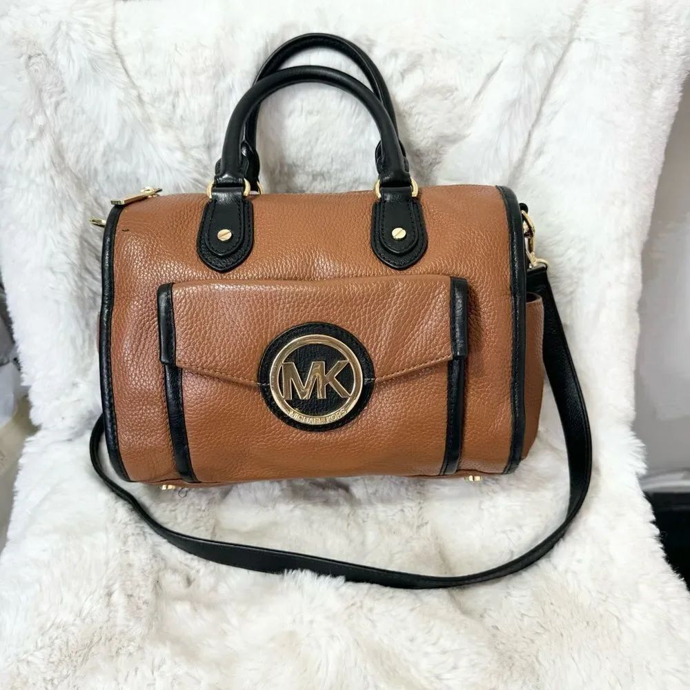 Michael Kors Margo Two Tone Brown Pebble Leather Satchel Crossbody Bag Purse